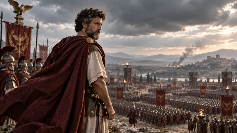 Marcus Aurelius and Roman forces on a broad frontier battlefield, illustrating the Marcomannic Wars