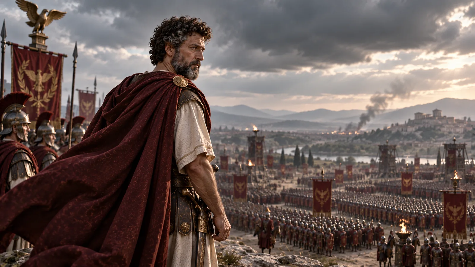Marcus Aurelius and Roman forces on a broad frontier battlefield, illustrating the Marcomannic Wars