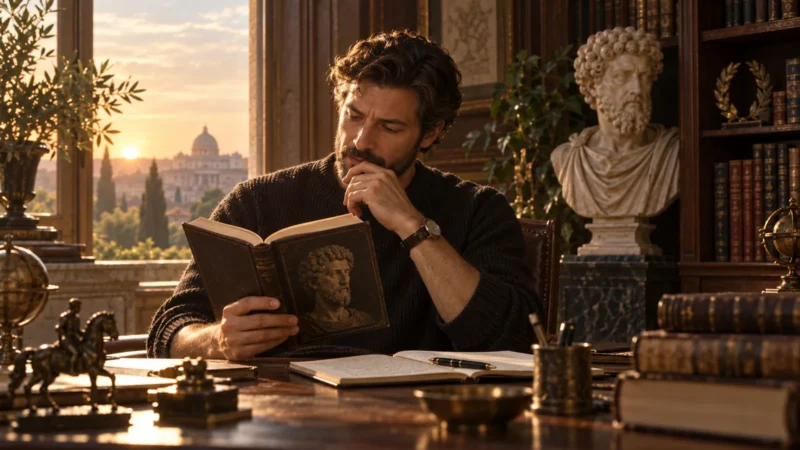 A reader examining historical material beside Marcus Aurelius imagery, illustrating a history-versus-film accuracy analysis