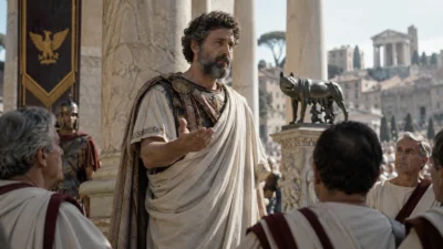 Marcus Aurelius in a Roman civic setting, illustrating his accomplishments as emperor, commander, and philosopher
