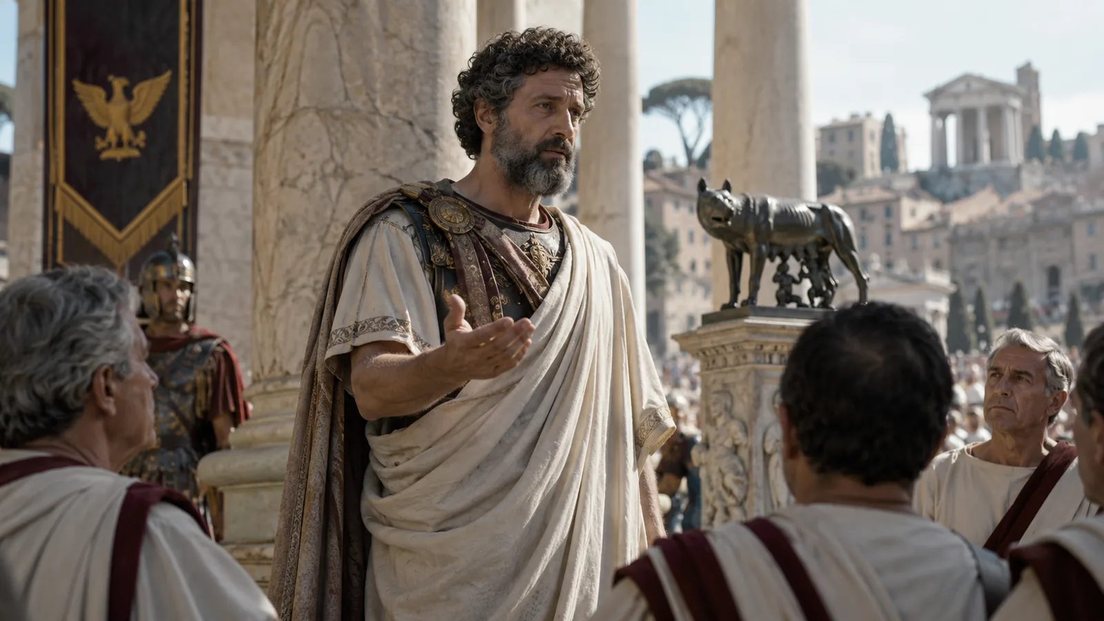 Marcus Aurelius in a Roman civic setting, illustrating his accomplishments as emperor, commander, and philosopher