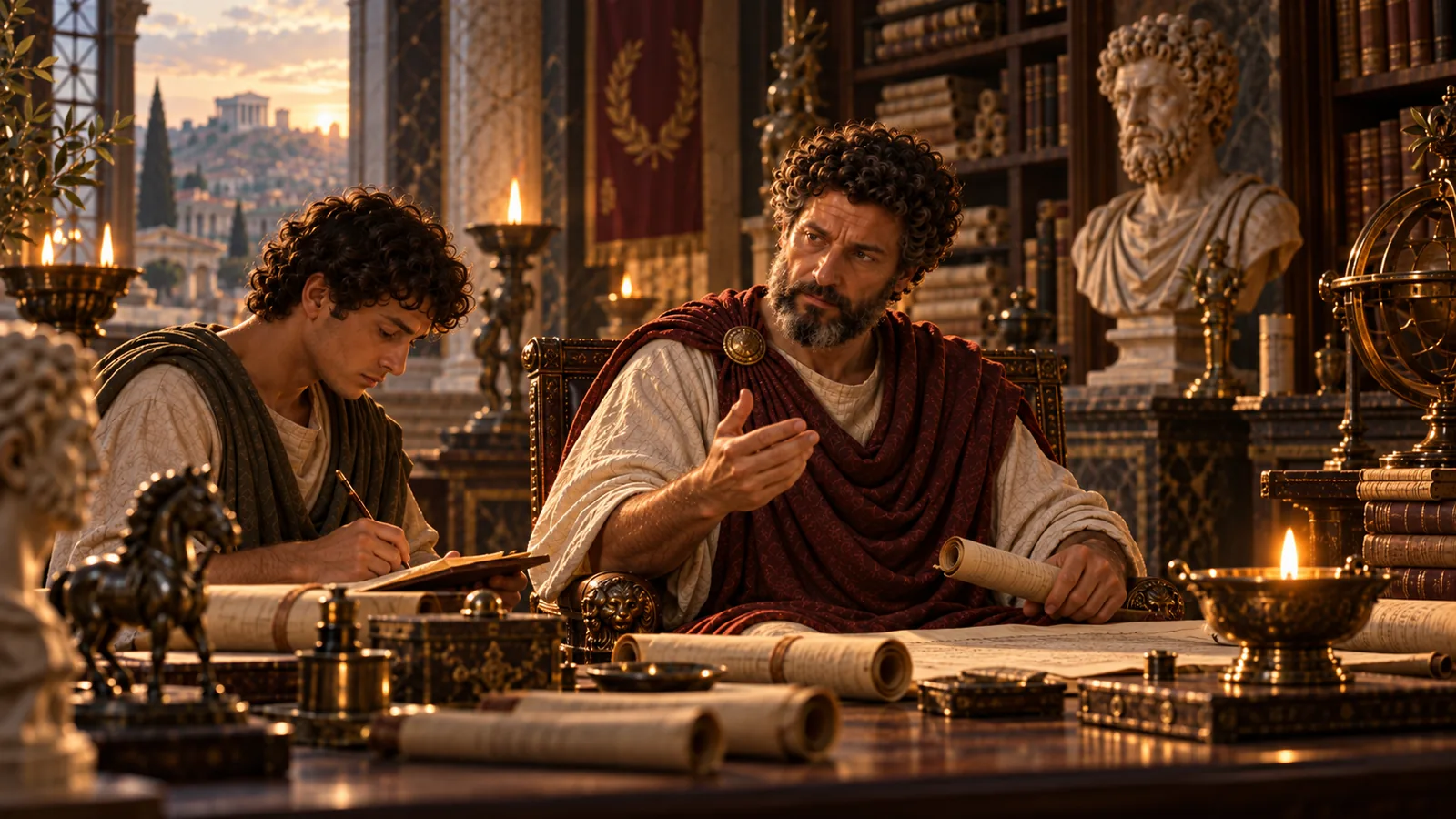 An older Stoic teacher guiding a younger writer in a Roman study, illustrating the philosophical influences on Marcus Aurelius