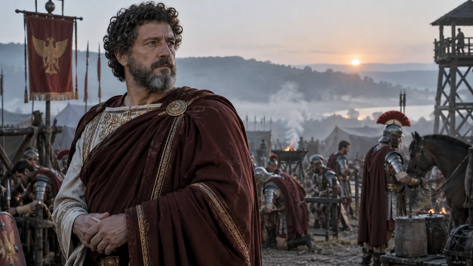 Marcus Aurelius surrounded by Roman study, imperial, military, and manuscript elements representing his life as emperor and Stoic philosopher