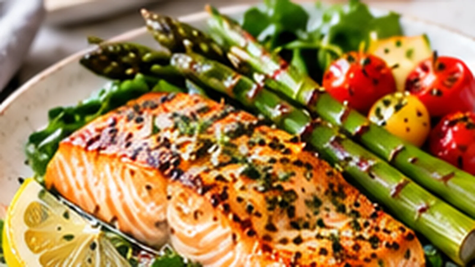 Small grilled salmon plate with asparagus, cherry tomatoes and lemon