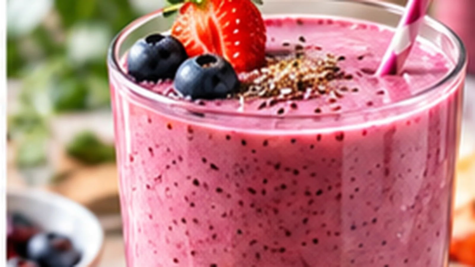 Small berry protein smoothie topped with strawberries, blueberries and chia