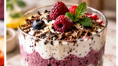 Small layered high-protein yogurt and berry dessert with raspberries and cocoa