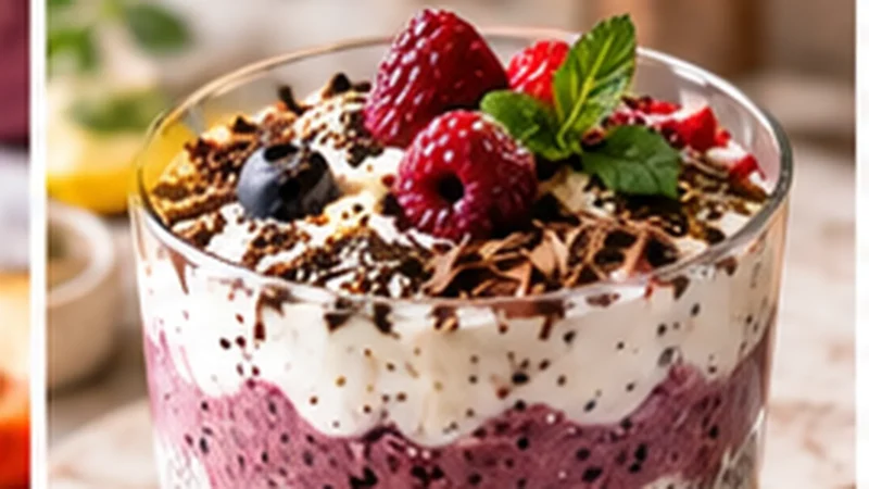 Small layered high-protein yogurt and berry dessert with raspberries and cocoa