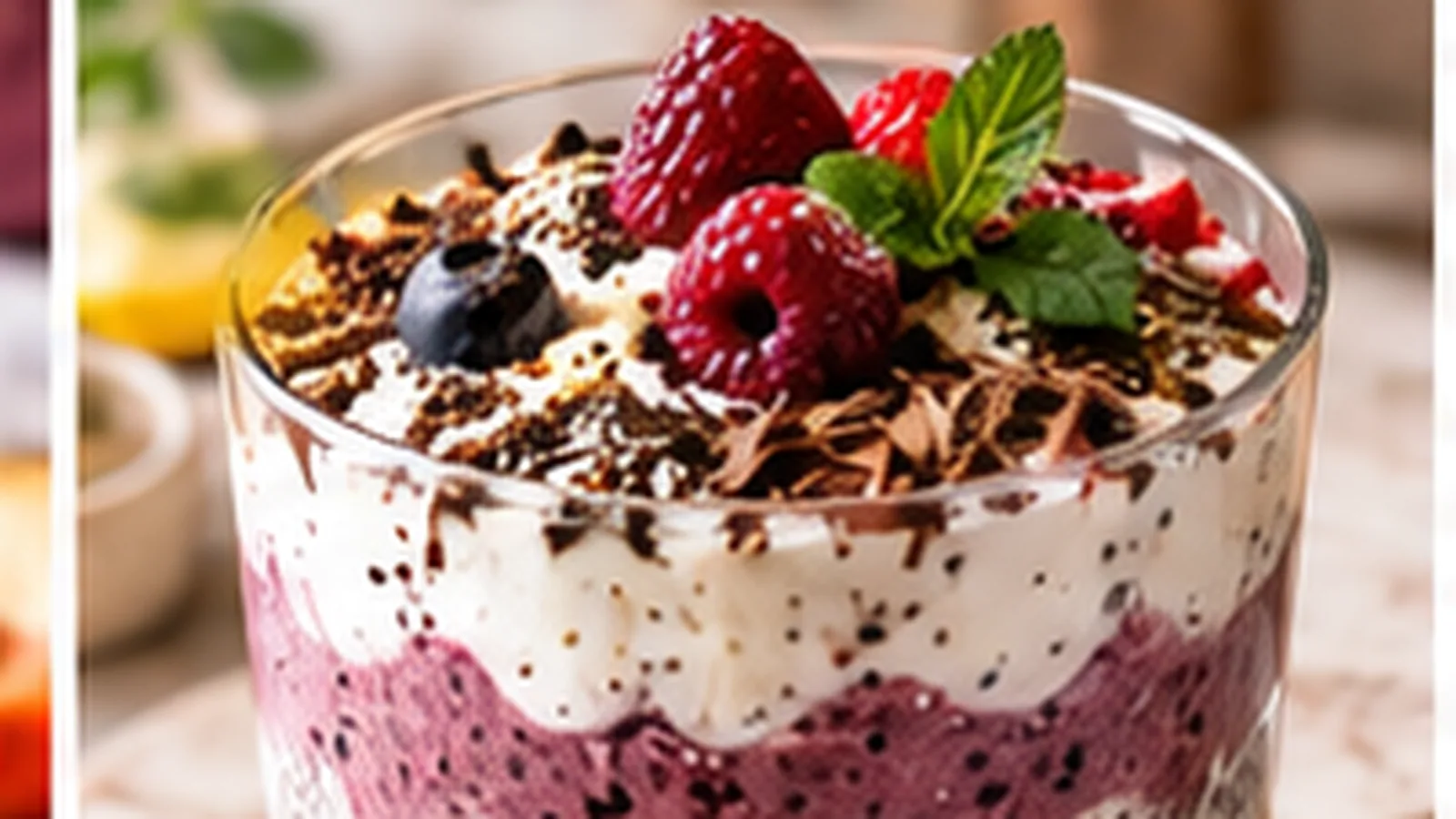 Small layered high-protein yogurt and berry dessert with raspberries and cocoa