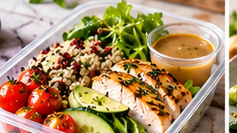 Portable high-protein lunch with grilled chicken, quinoa, cucumber and tomatoes