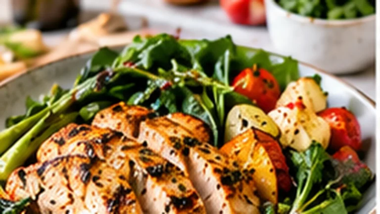 High-protein grilled chicken dinner with greens, roasted vegetables and small potatoes