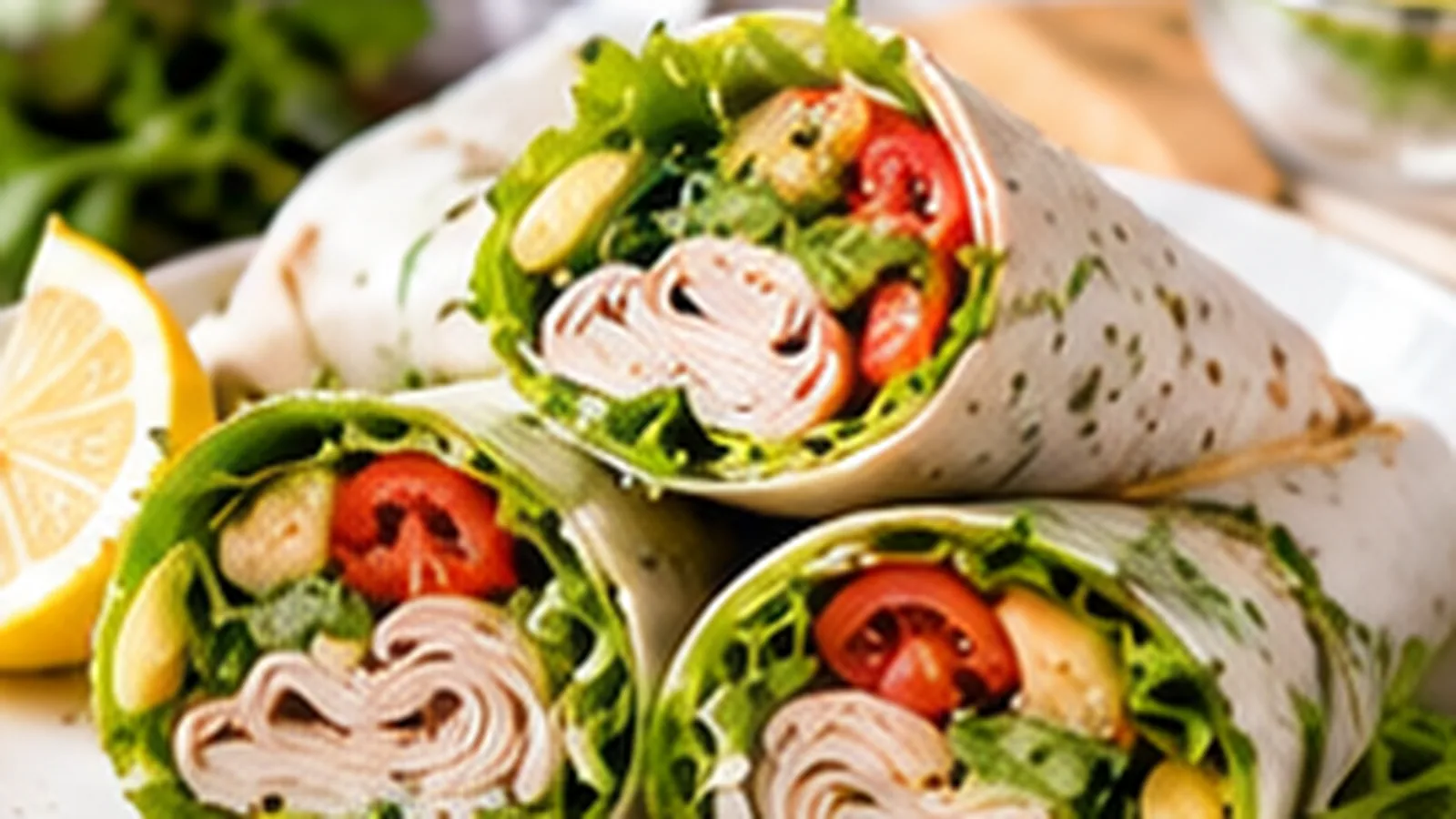 No-cook turkey and vegetable wraps with avocado, greens and tomatoes