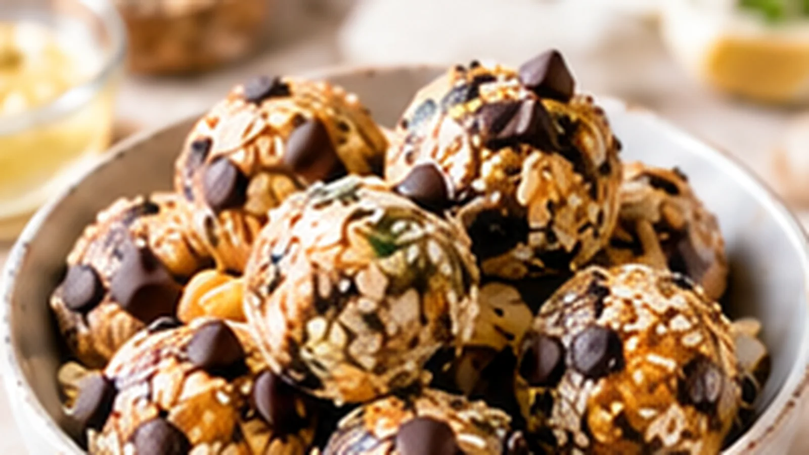 Small bowl of high-protein energy bites with oats, seeds and dark chocolate
