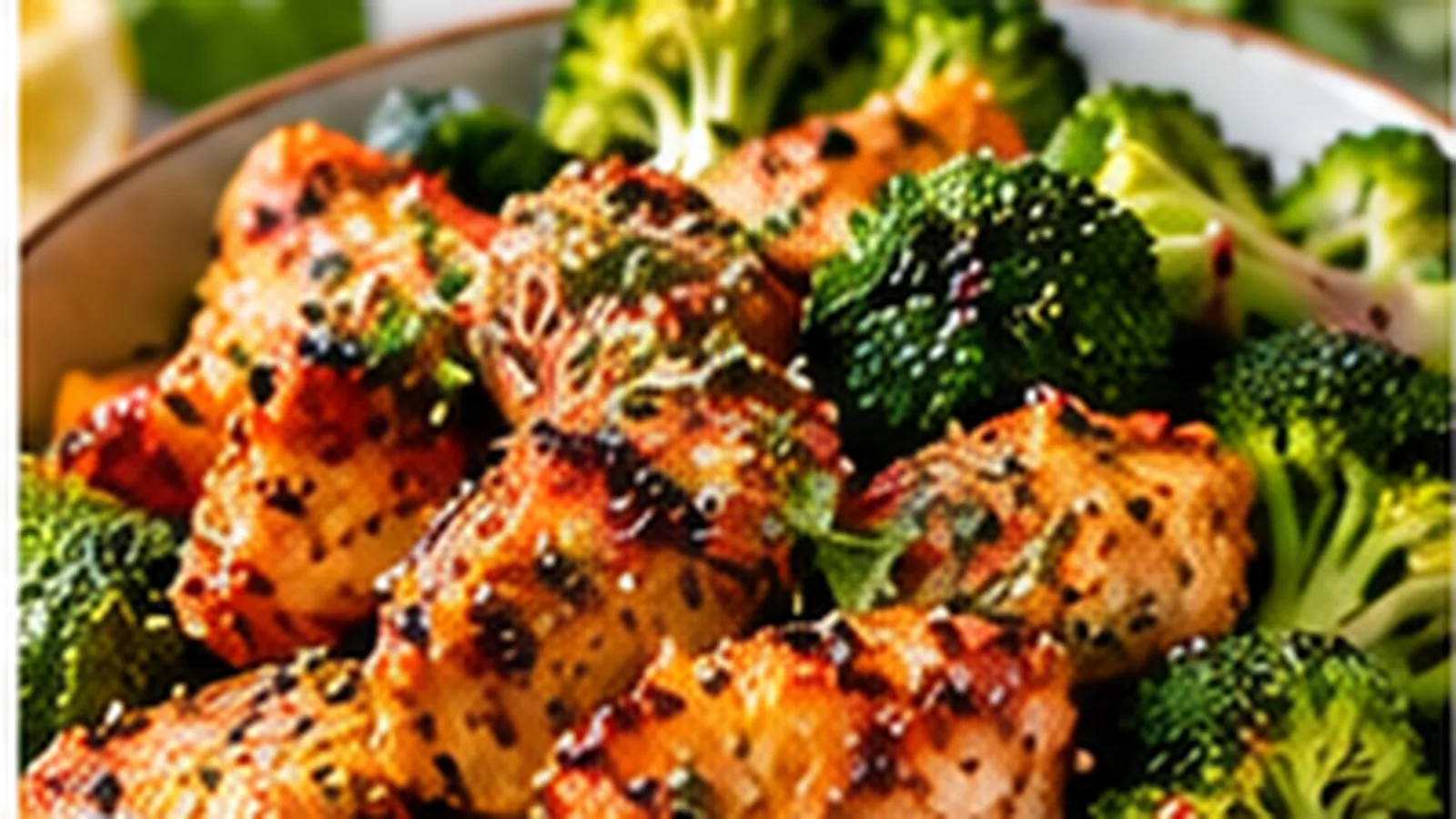 High-protein air-fryer chicken bites with roasted broccoli and herbs
