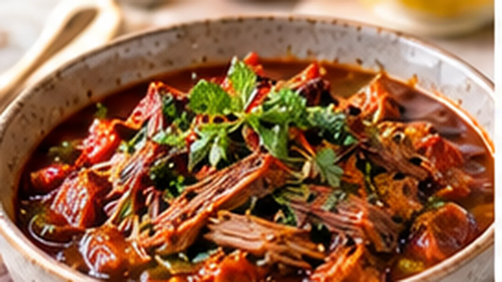Tender shredded beef slow-cooker stew with tomatoes, herbs and vegetables