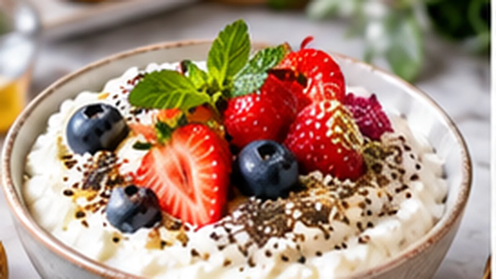 Cottage cheese bowl with strawberries, blueberries, chia seeds and mint