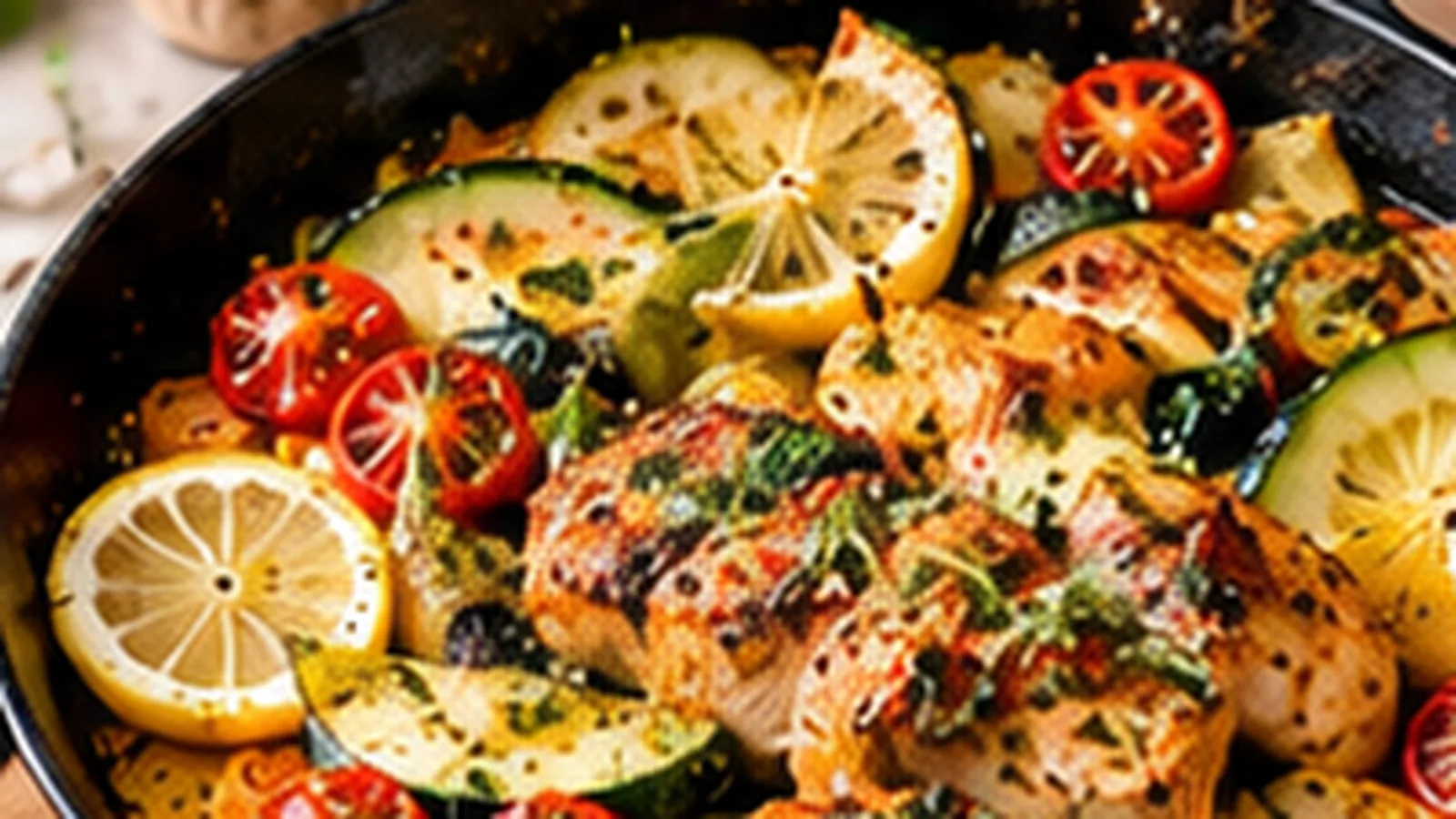 One-pan lemon-herb chicken with zucchini, cherry tomatoes and small potatoes