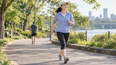 Adult practicing a brisk Japanese walking interval on a park path.