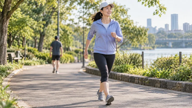 Adult practicing a brisk Japanese walking interval on a park path.