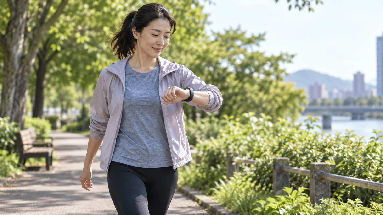 Adult checking a smartwatch during a brisk Japanese walking interval.