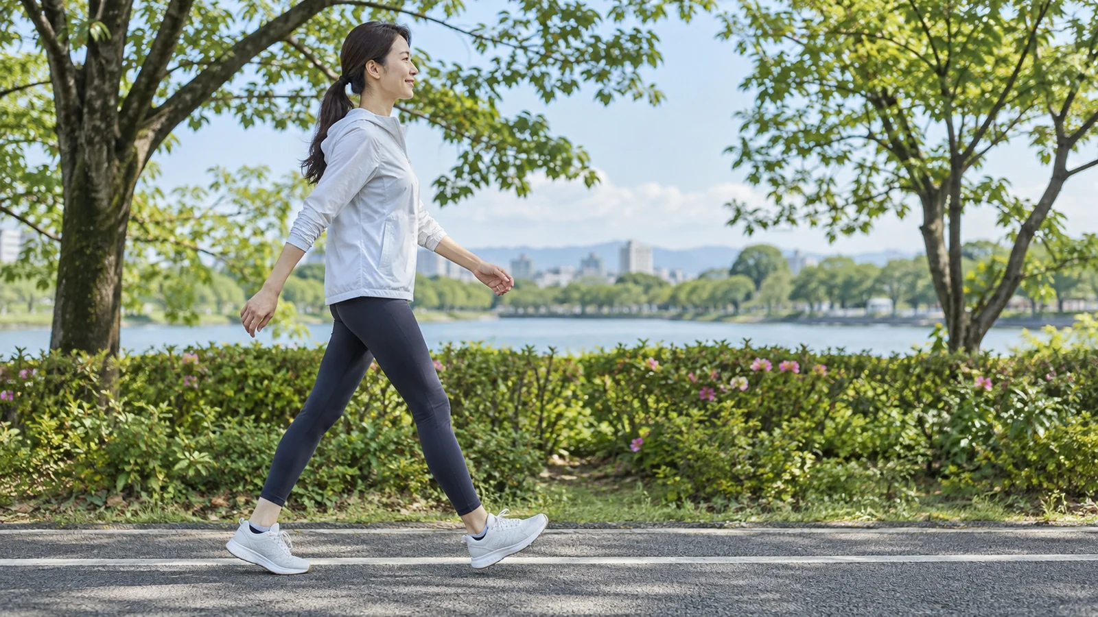 Adult walking briskly with a natural cadence during a Japanese walking interval.
