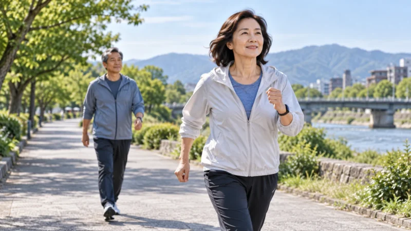 Adults practicing interval walking training with brisk and easier walking periods.