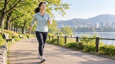 Adult practicing the Japanese walking method with a brisk interval on a park path.