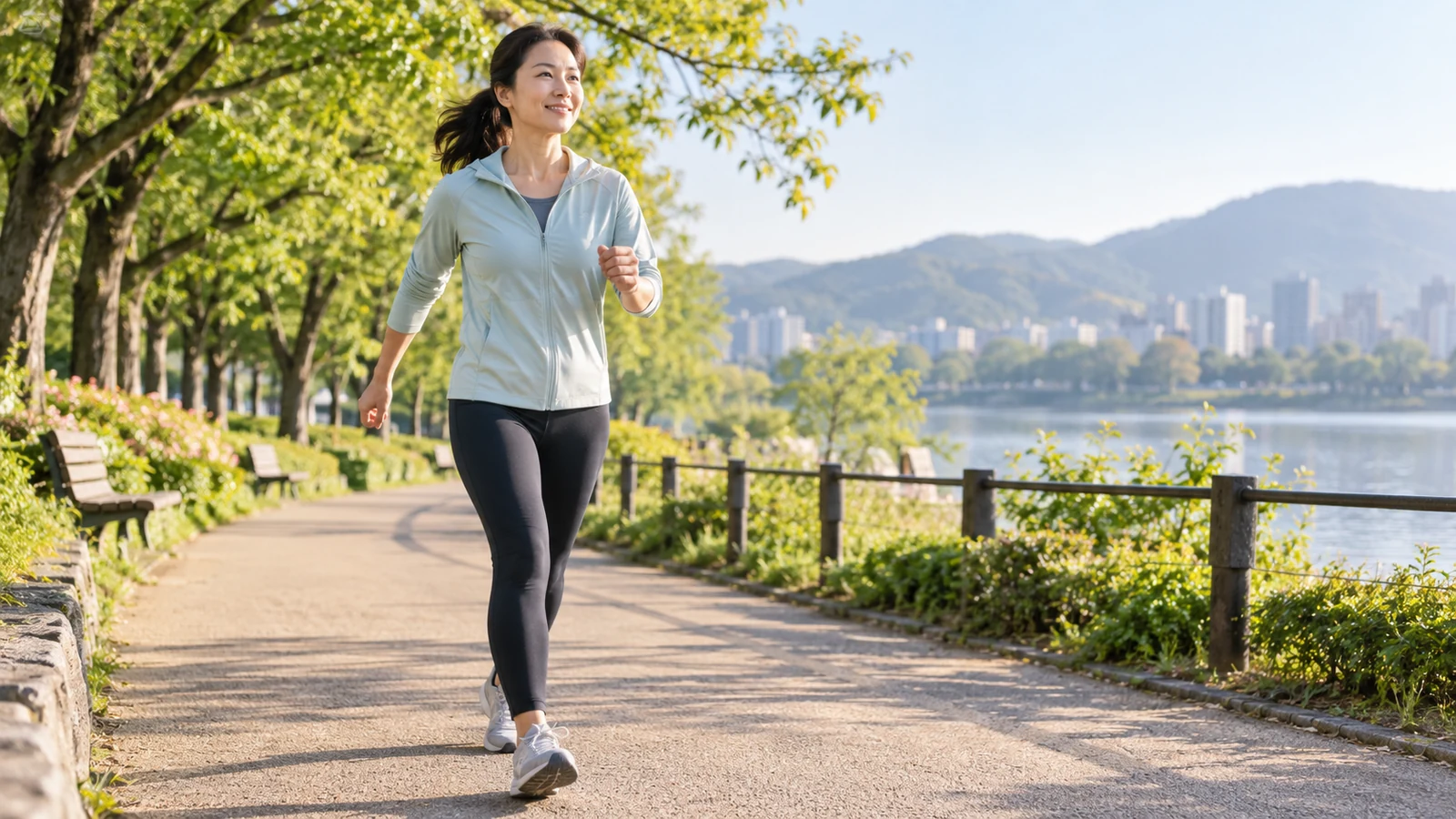 Adult practicing the Japanese walking method with a brisk interval on a park path.