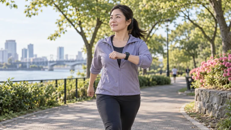 Adult practicing brisk and easy japanese walking intervals on a park path