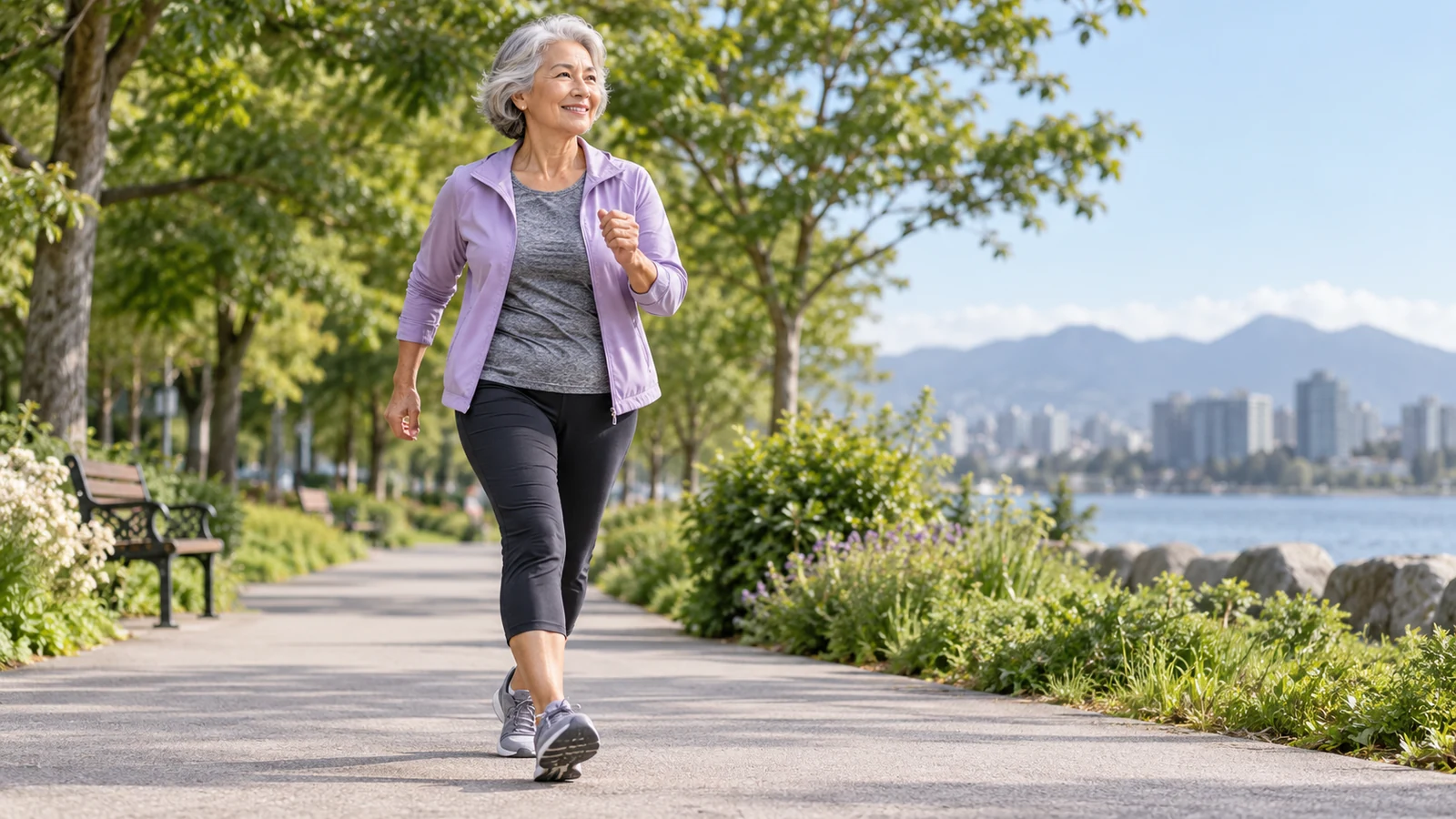 Older adult doing Japanese interval walking on a level park path