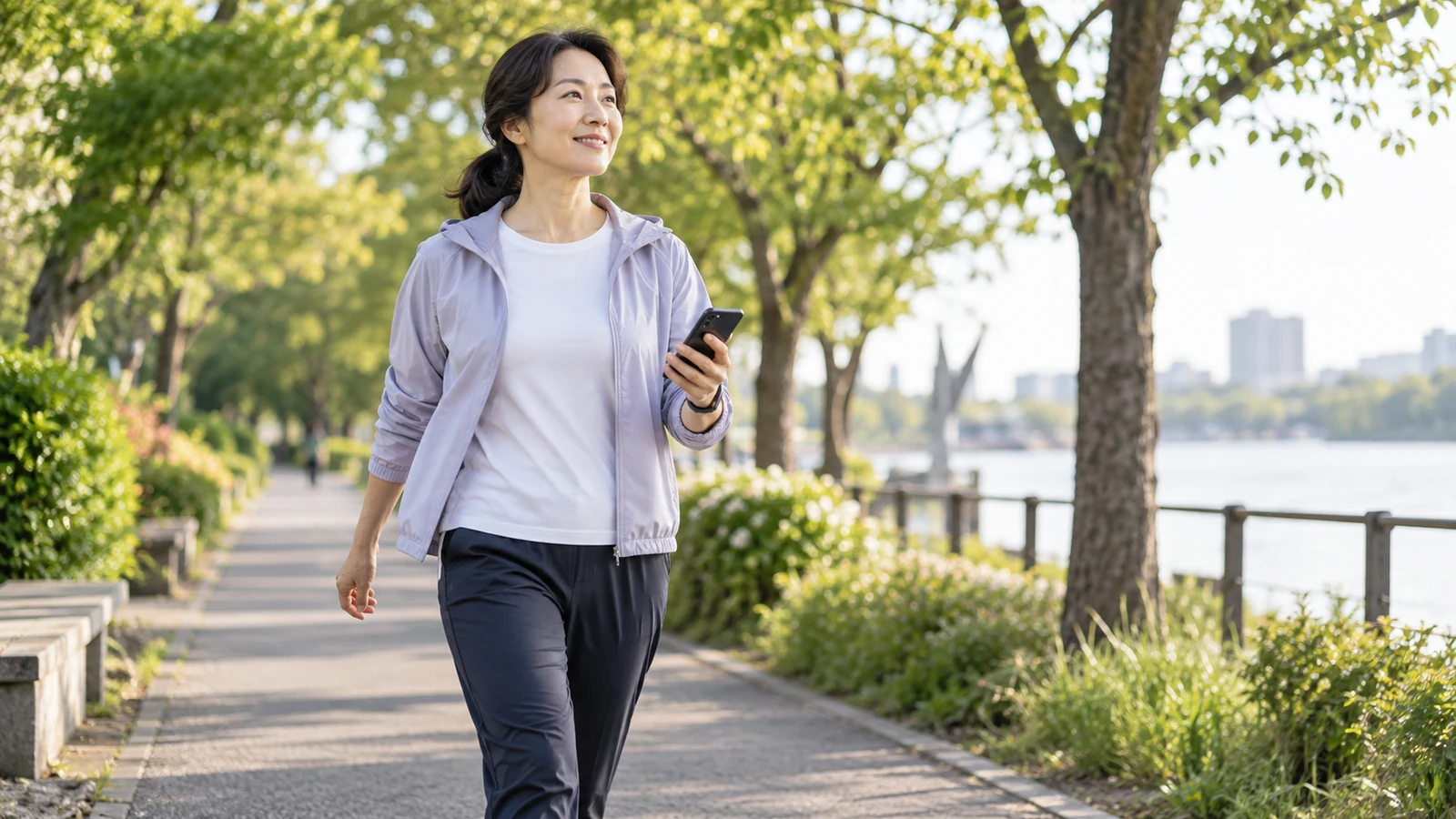 Beginner practicing Japanese walking intervals on a flat path