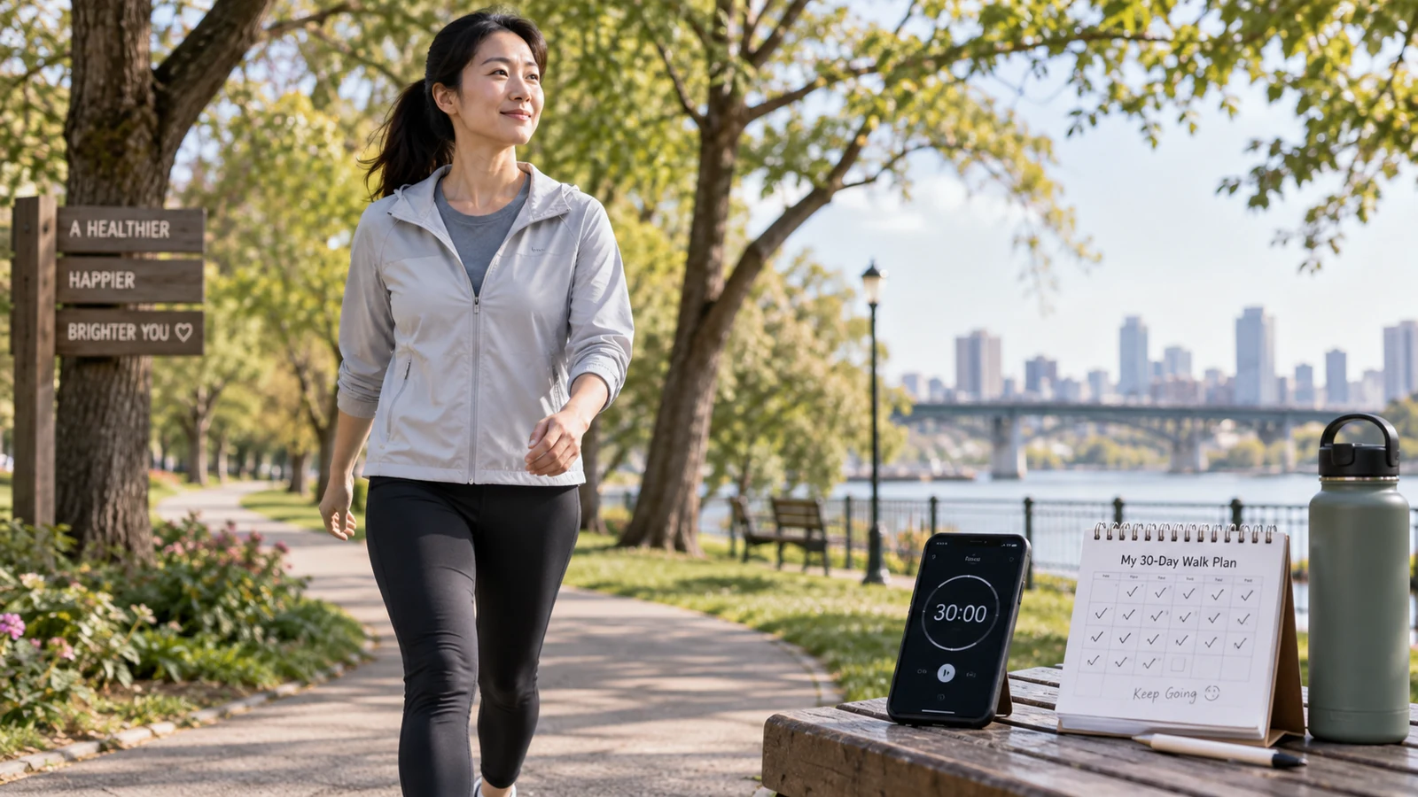 Adult following a four-week Japanese walking plan with interval timer