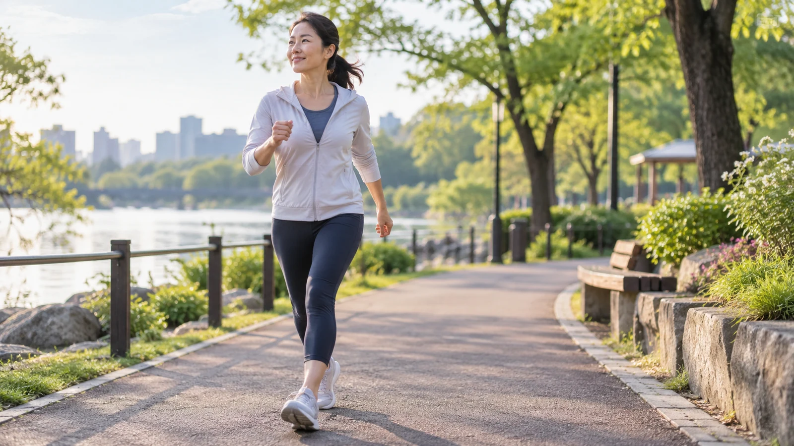 Adult doing brisk Japanese walking intervals outdoors for fitness