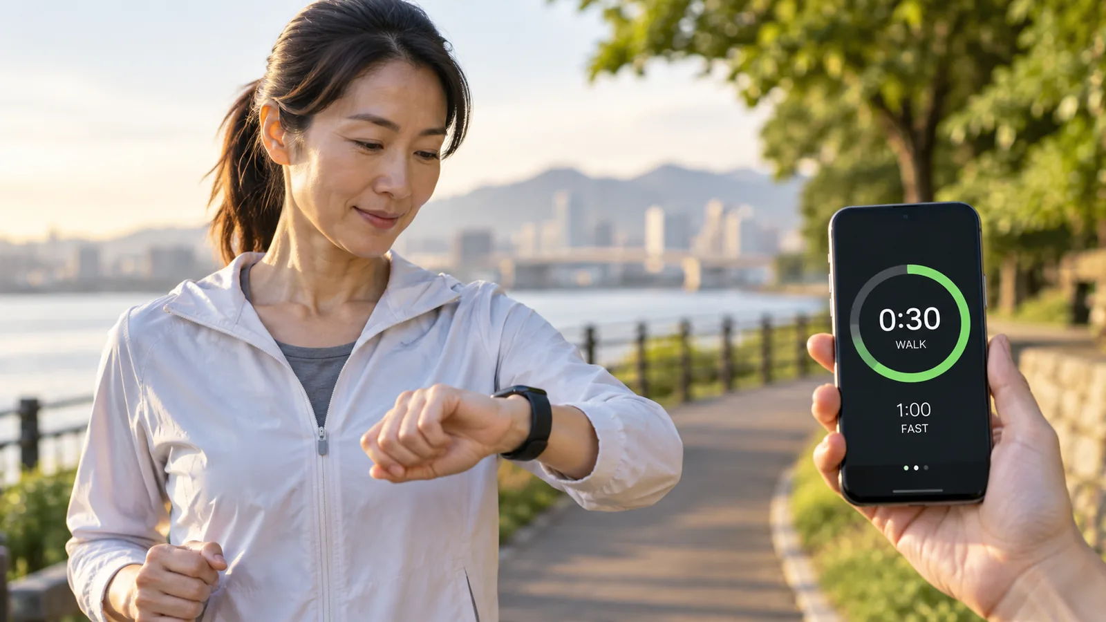 Adult following a 30-minute Japanese walking workout outdoors