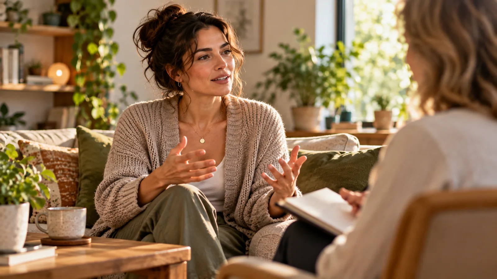 Two adults having a calm conversation with comfortable personal space, illustrating anxious attachment, people-pleasing and healthy boundaries.