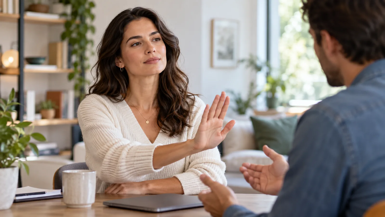 Adult calmly setting a boundary during a respectful conversation.