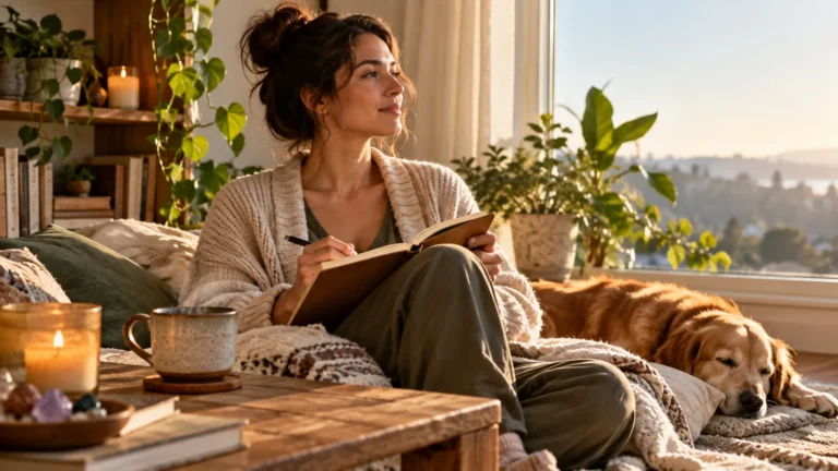 Adult reflecting calmly in a journal on progress in people-pleasing recovery and self-trust.