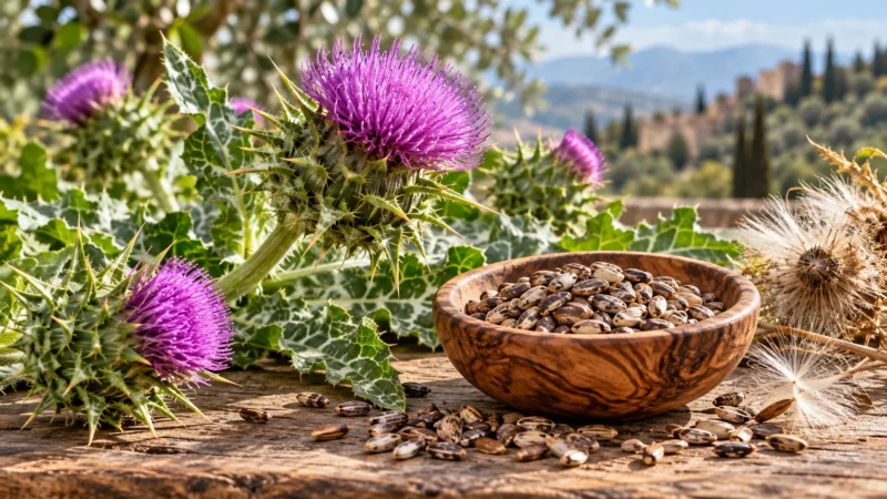 Milk Thistle botanical material arranged in a natural apothecary setting
