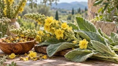 Mullein botanical material arranged in a natural apothecary setting
