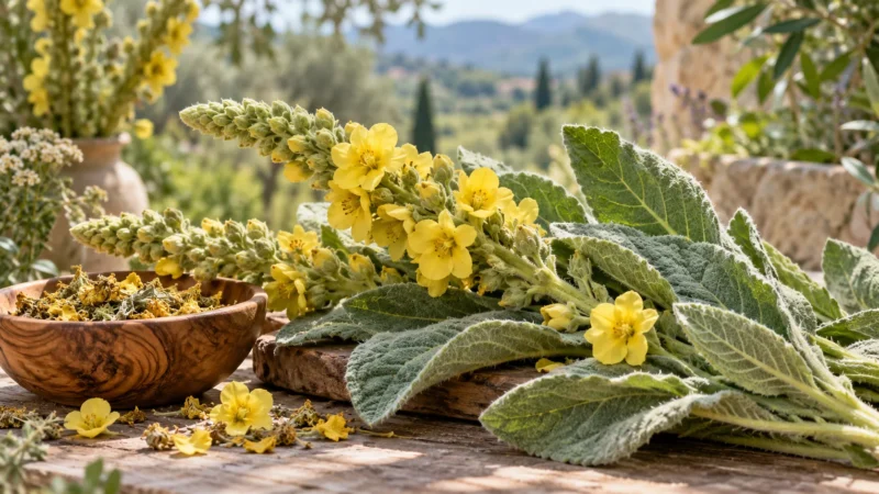 Mullein botanical material arranged in a natural apothecary setting