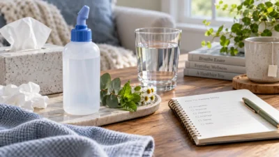 A saline rinse bottle, tissues, water and subtle botanical sprigs beside a symptom notebook, representing supportive care for sinus symptoms.