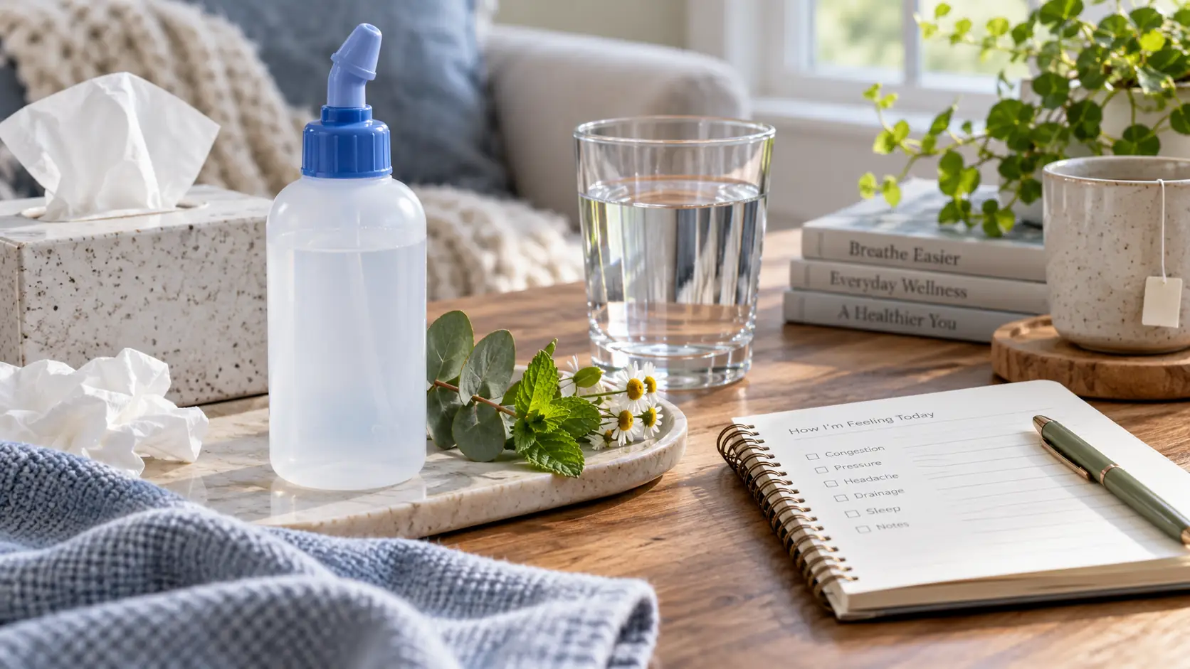 A saline rinse bottle, tissues, water and subtle botanical sprigs beside a symptom notebook, representing supportive care for sinus symptoms.