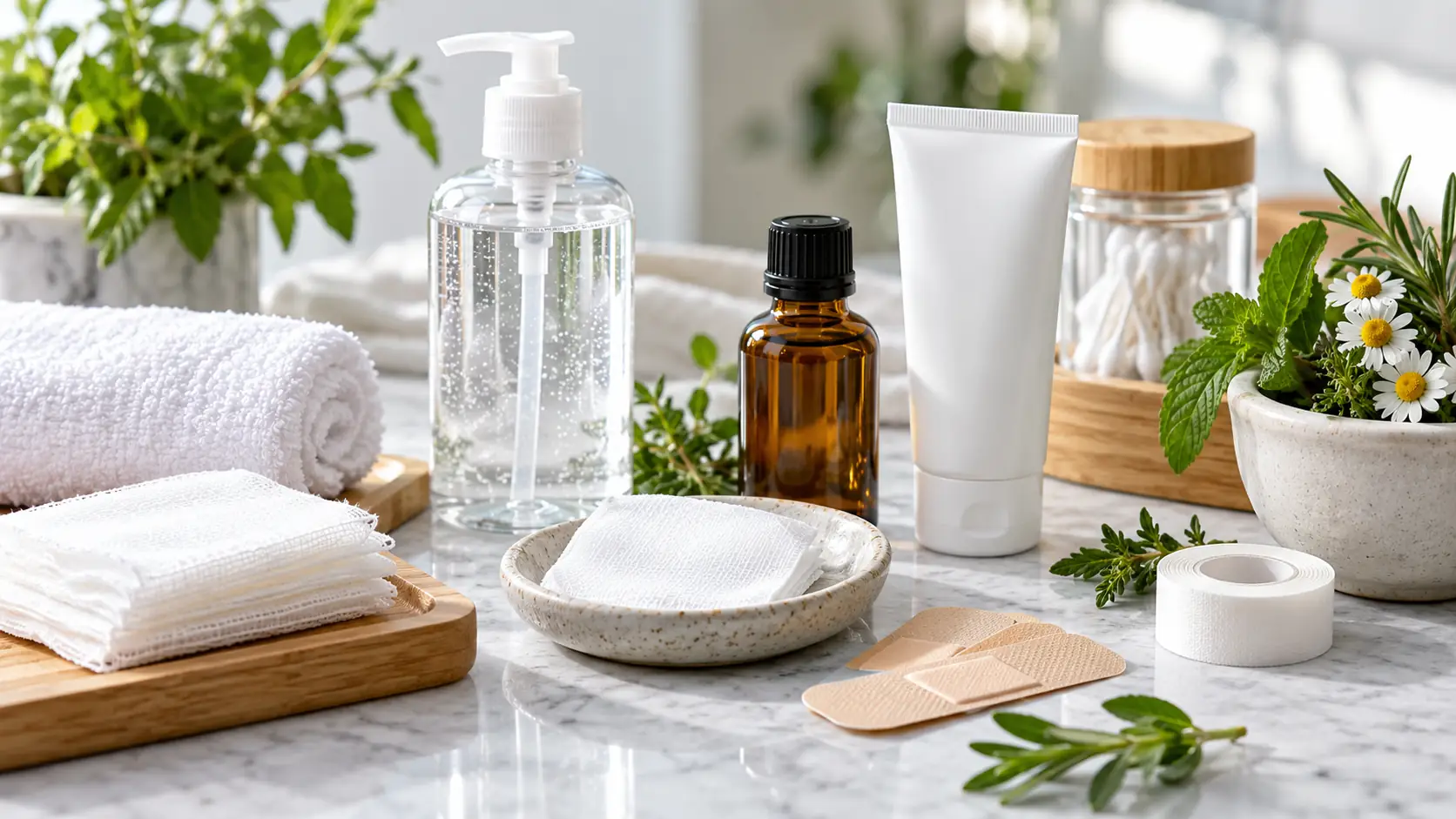 Clean gauze, saline, a dressing and a sealed wound-care product with subtle botanical elements, representing evidence-based skin care and infection safety.