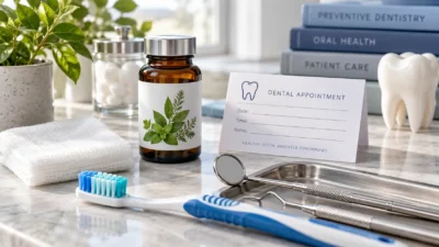 Dental care tools and a botanical product beside a dental appointment card, representing the need for professional assessment of a tooth infection.