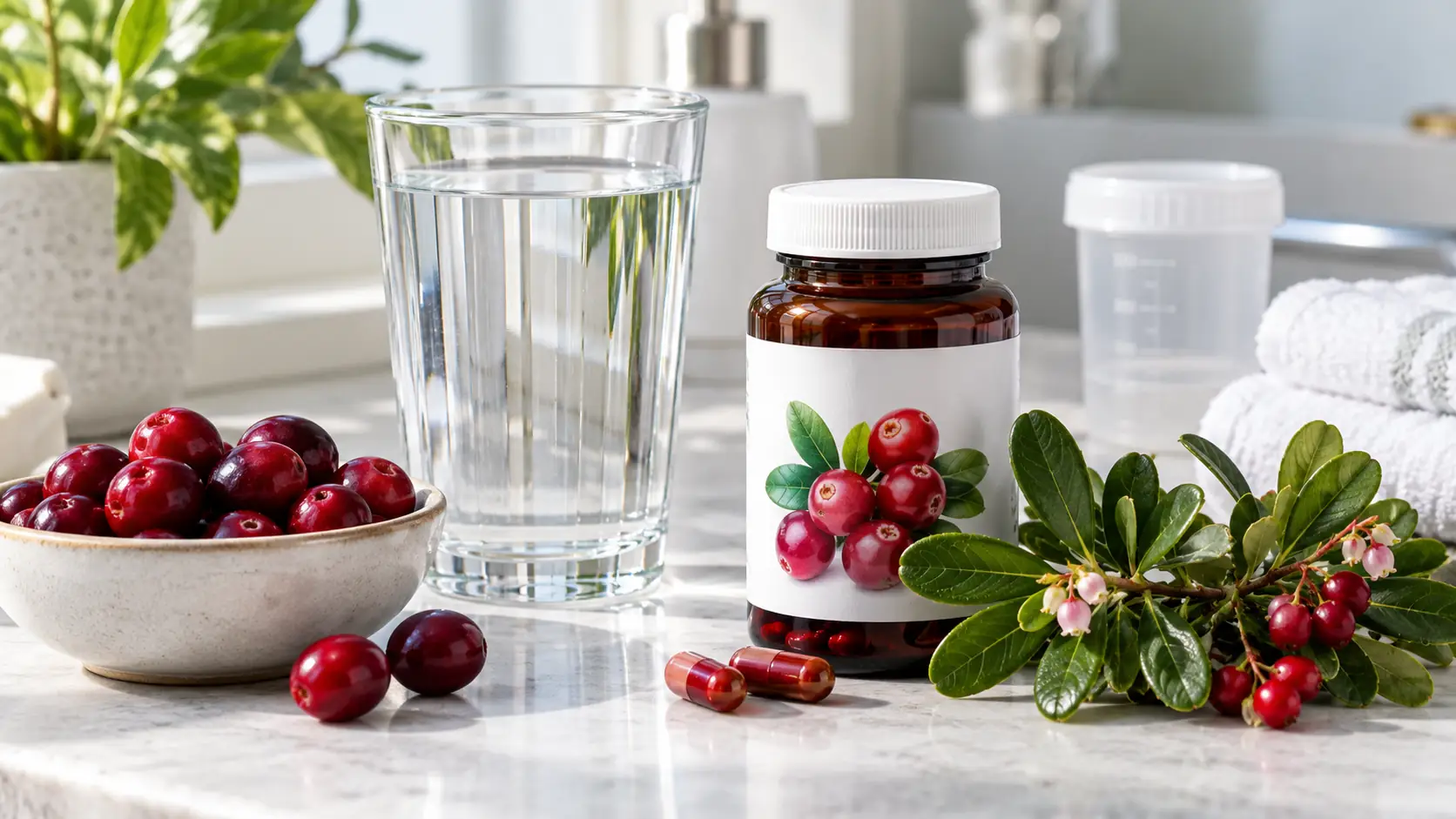 A glass of water, cranberry product and bearberry leaves with subtle urinary-health assessment context, representing prevention and treatment evidence for UTI symptoms.