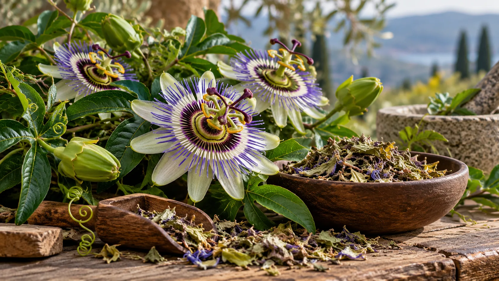 Passionflower botanical material arranged in a natural apothecary setting