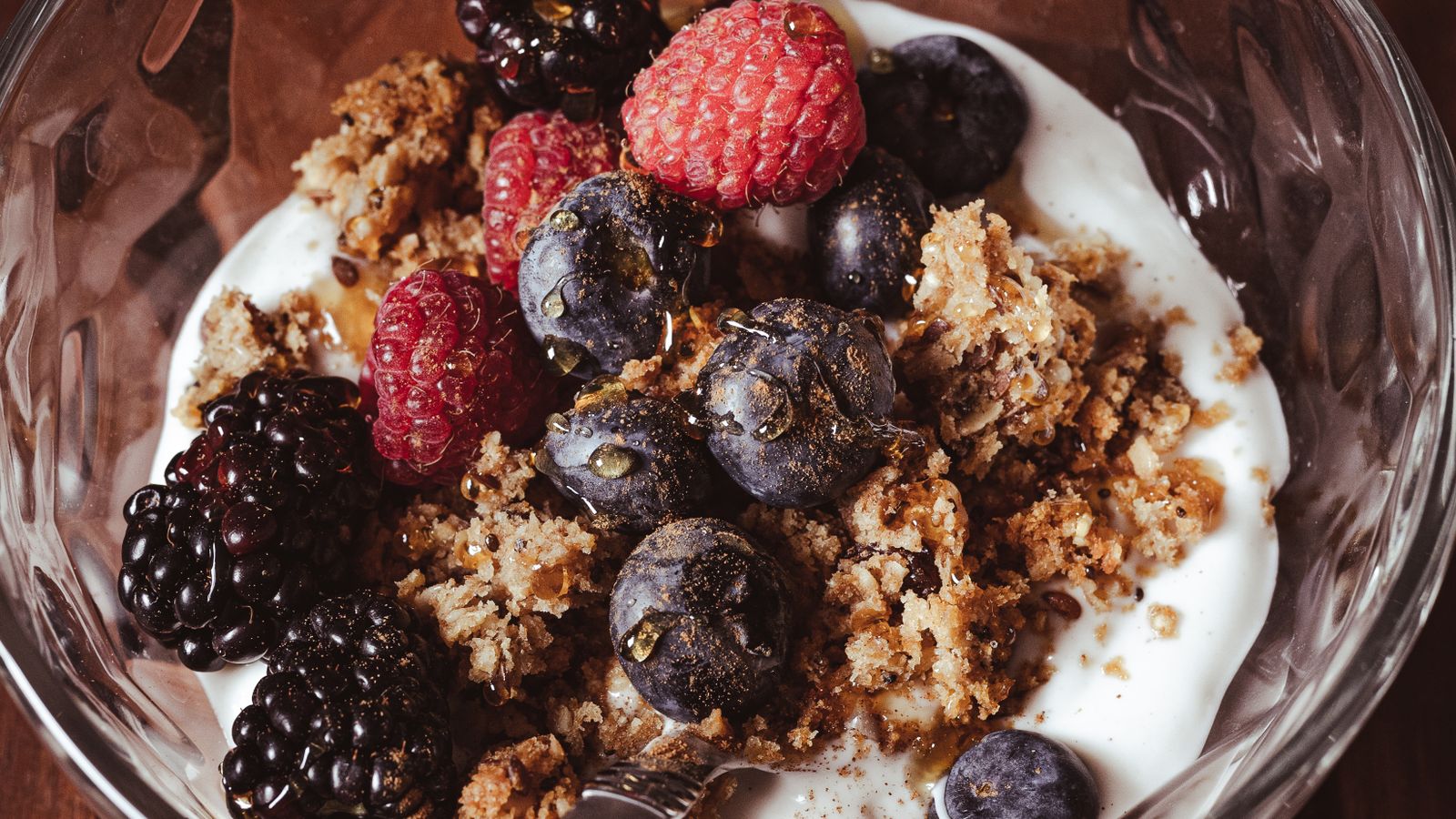 Yogurt with berries, granola and nuts illustrating nutrient-dense food when GLP-1 appetite is very low