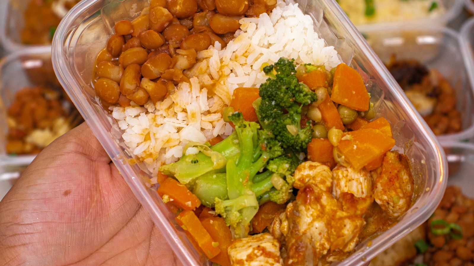 Balanced meal with rice, beans, chicken and vegetables illustrating normal flexible eating on GLP-1