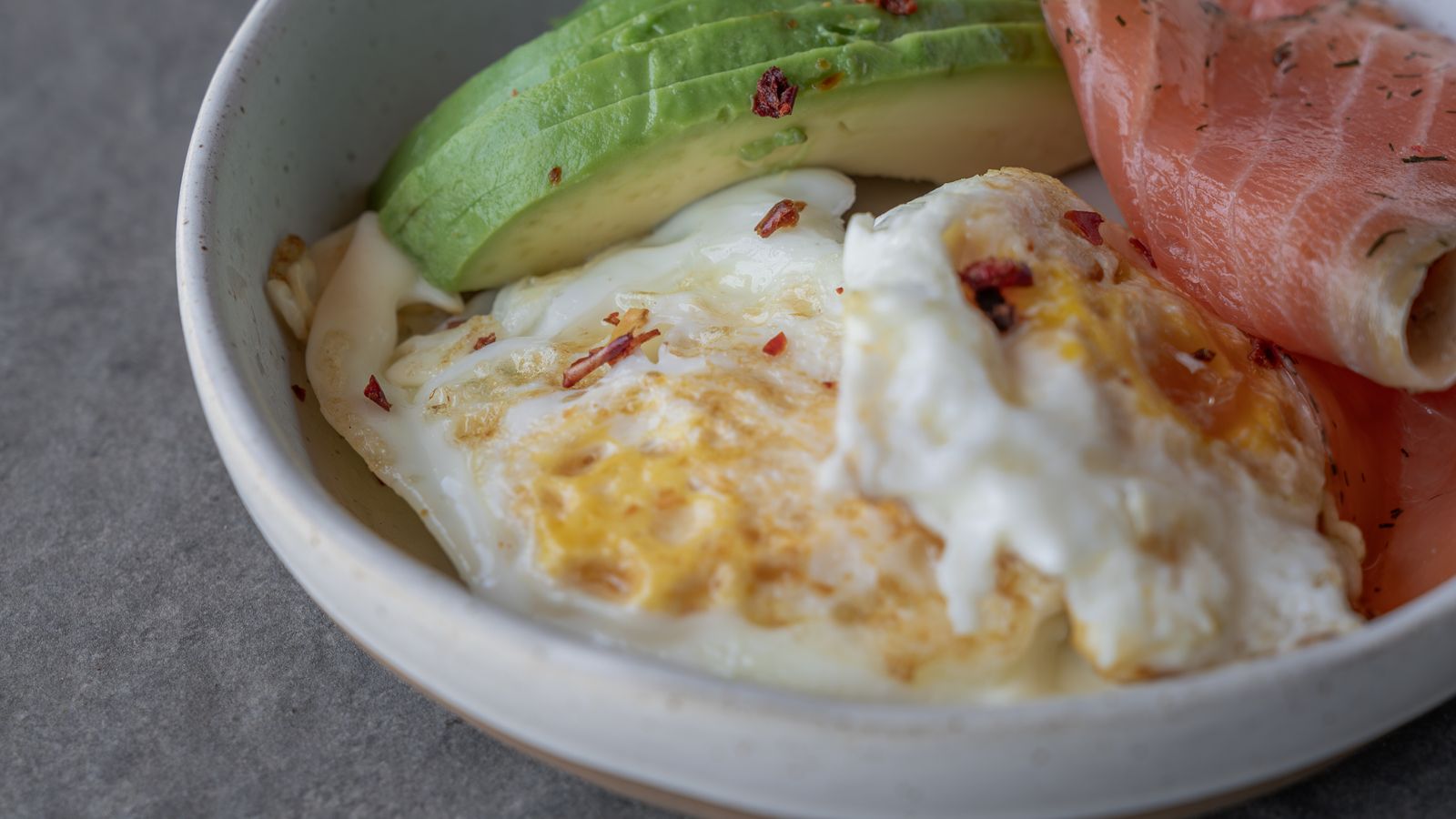Eggs, avocado and smoked salmon illustrating a low-carbohydrate keto-style meal for comparison with GLP-1 eating