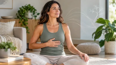 Adult practicing gentle somatic body awareness and comfortable breathing in a calm seated position.