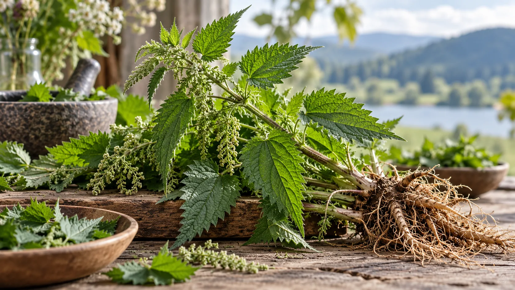 Stinging Nettle botanical material arranged in a natural apothecary setting